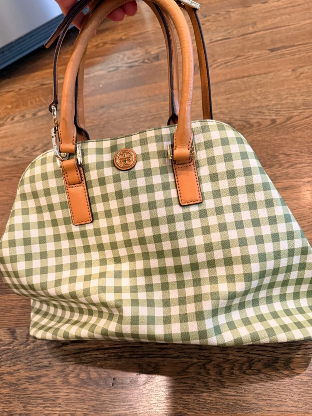 Tory Burch Kerrington Gingham Plaid Dome Tote Leaf Green VGUC - Picture 6 of 7